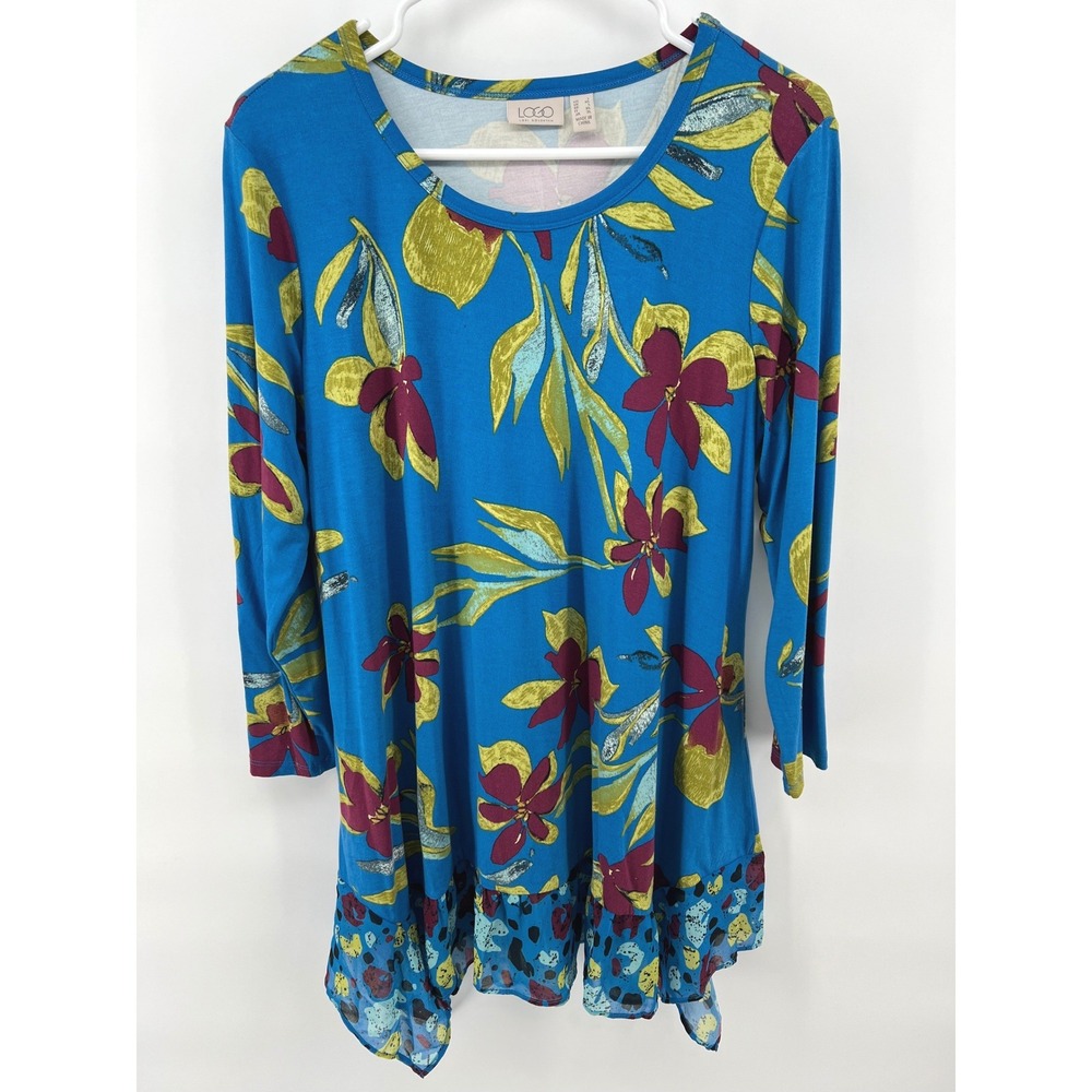 LOGO by Lori Goldstein L Floral Long Sleeve Tunic Top Blue Chiffon Ruffle Hem
